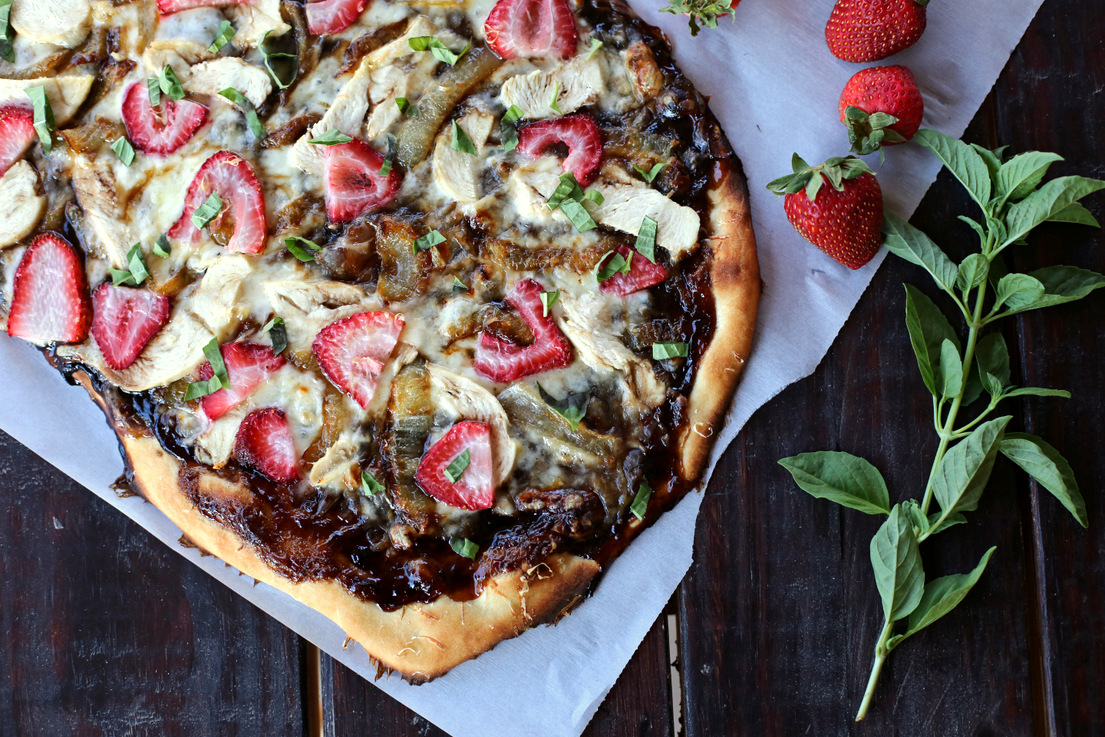 A delicious summer-y spin on pizza night with strawberries, a balsamic reduction, and fresh basil balsamic pizza