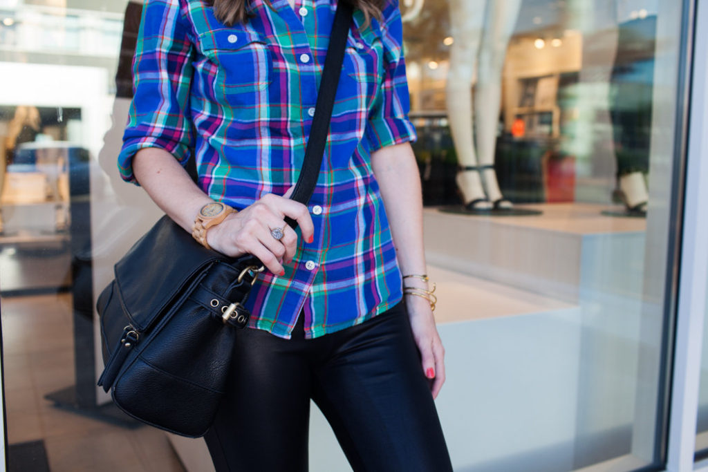 Totally easy and cute weekend outfit with plaid top + leather leggings + sneakers. Perfect for fall!