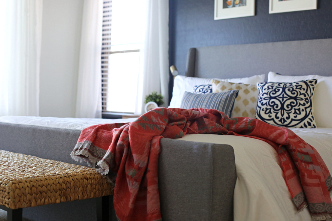 navy master bedroom
