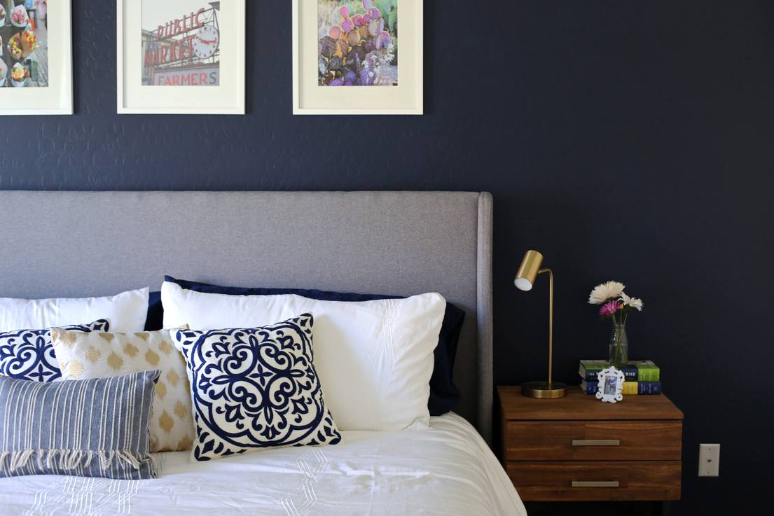 navy master bedroom