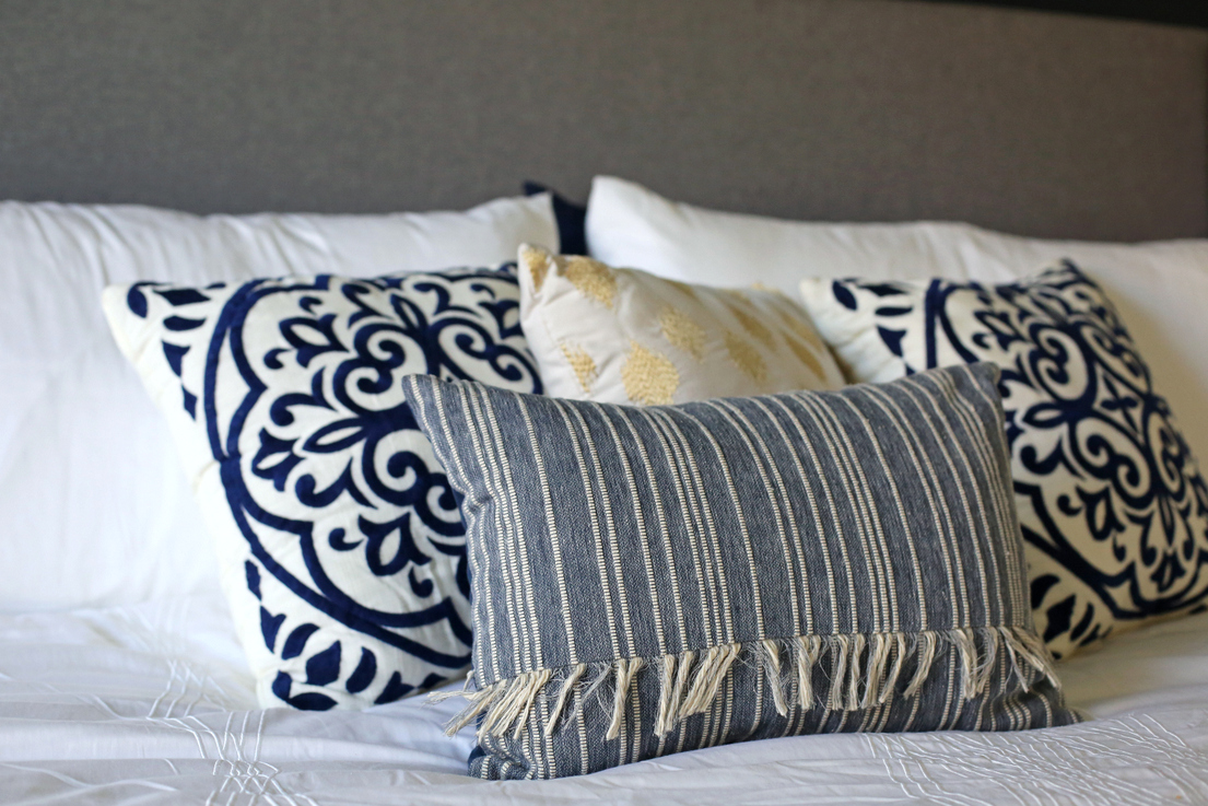 navy master bedroom