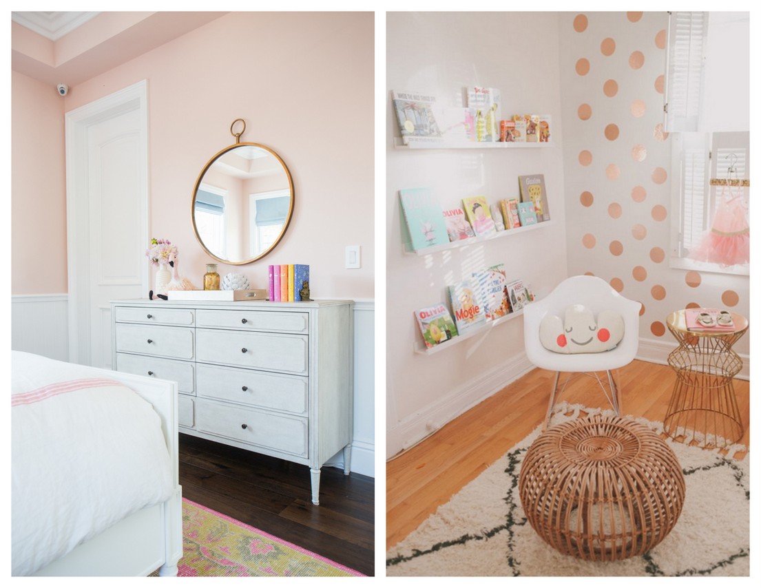 A light pink little girl's room with gold, wood, and coral accents A light pink little girl's room with gold, wood, and coral accents
