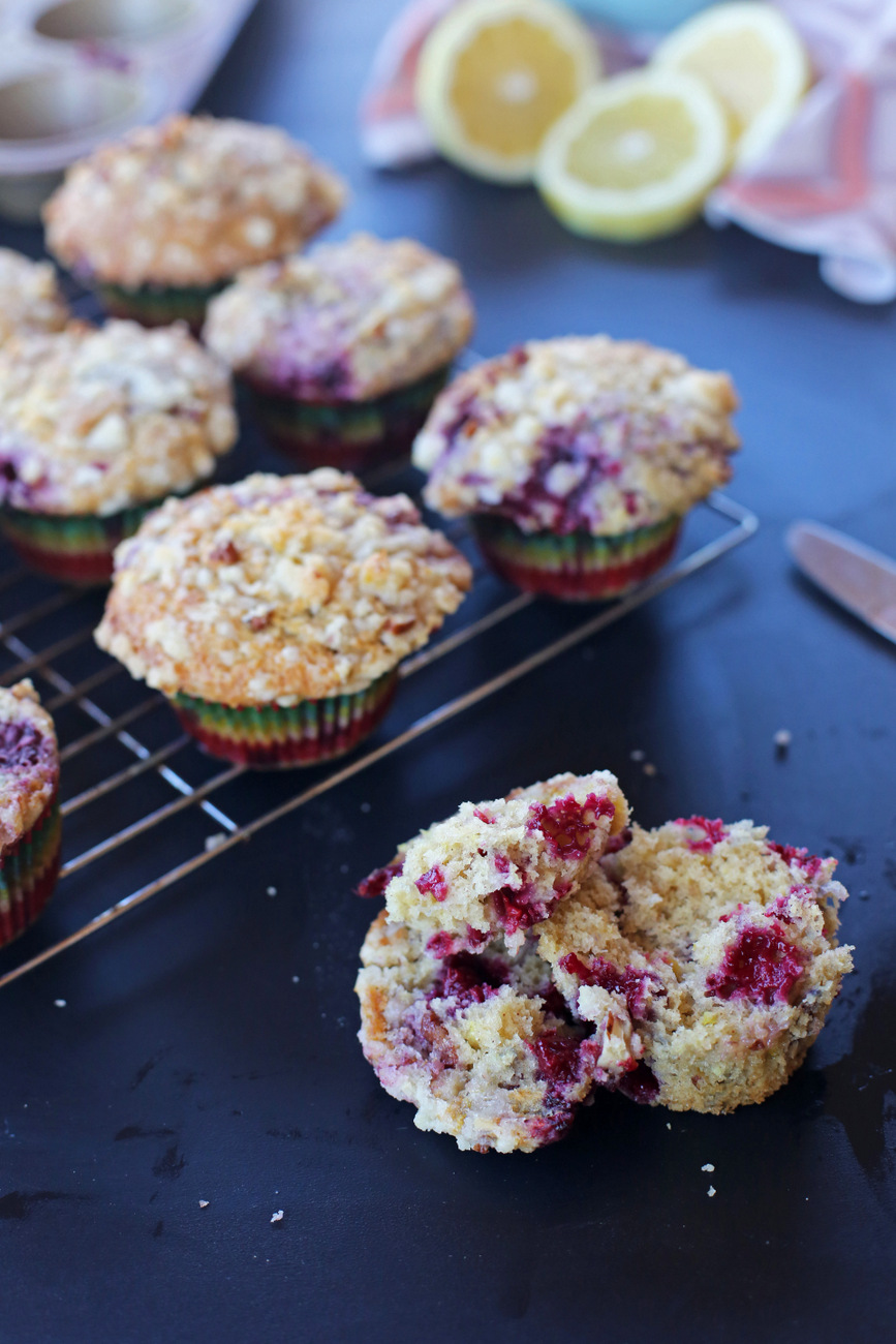 Raspberry muffins with lemon zest and crumble topping