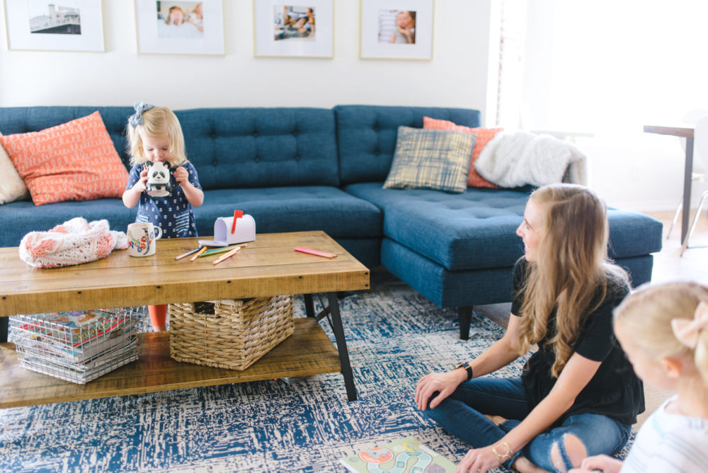 Blue couch coffee deals table