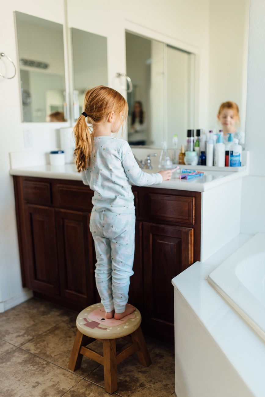 Our family's bedtime routine, starting with dinner and then going through dishes and toothbrushing and bedtime reading together