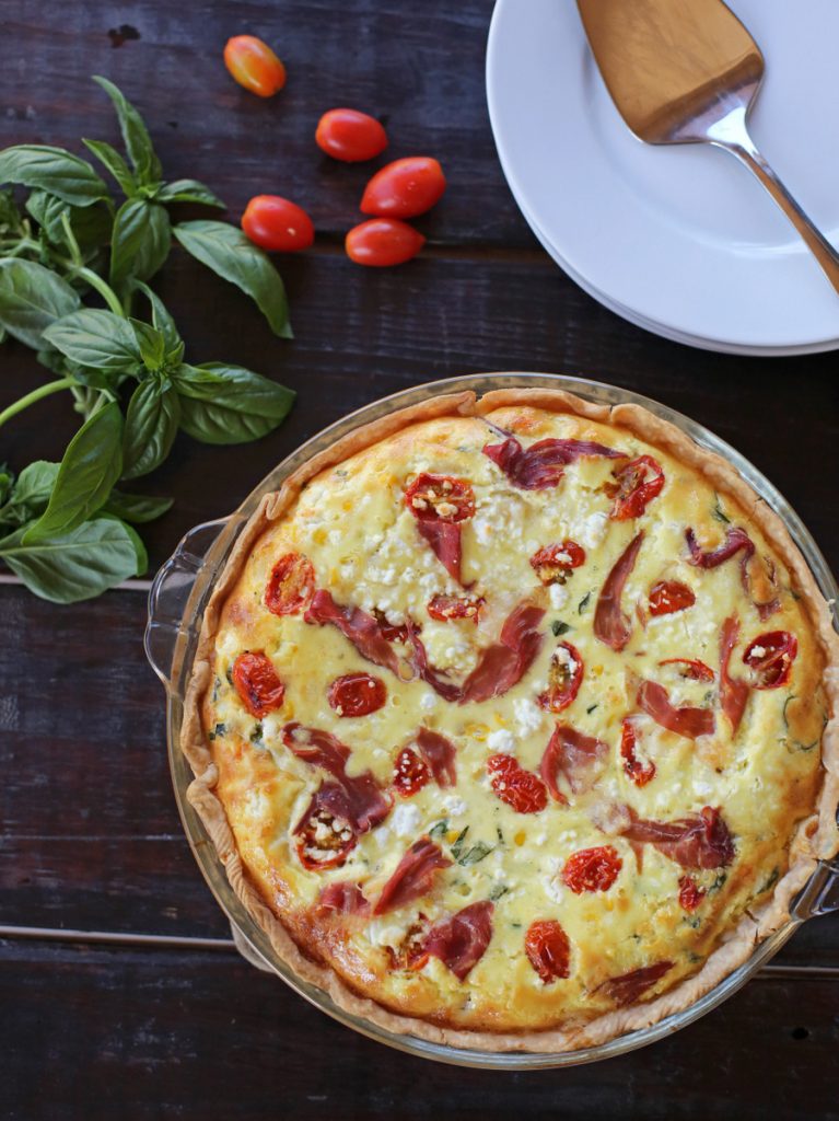 Tomato Quiche Recipe with Basil, Corn, Prosciutto and Goat Cheese The