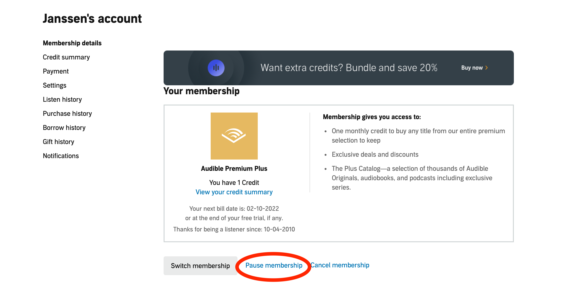 pause audible membership