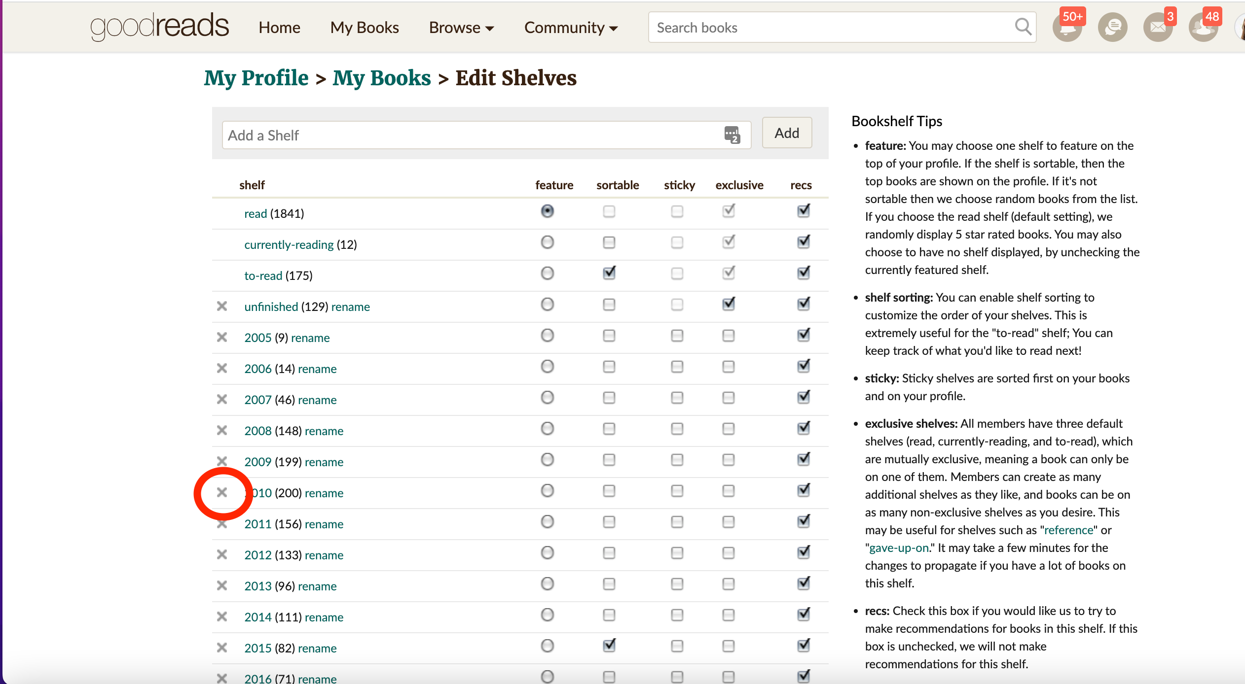 how to delete a shelf on Goodreads